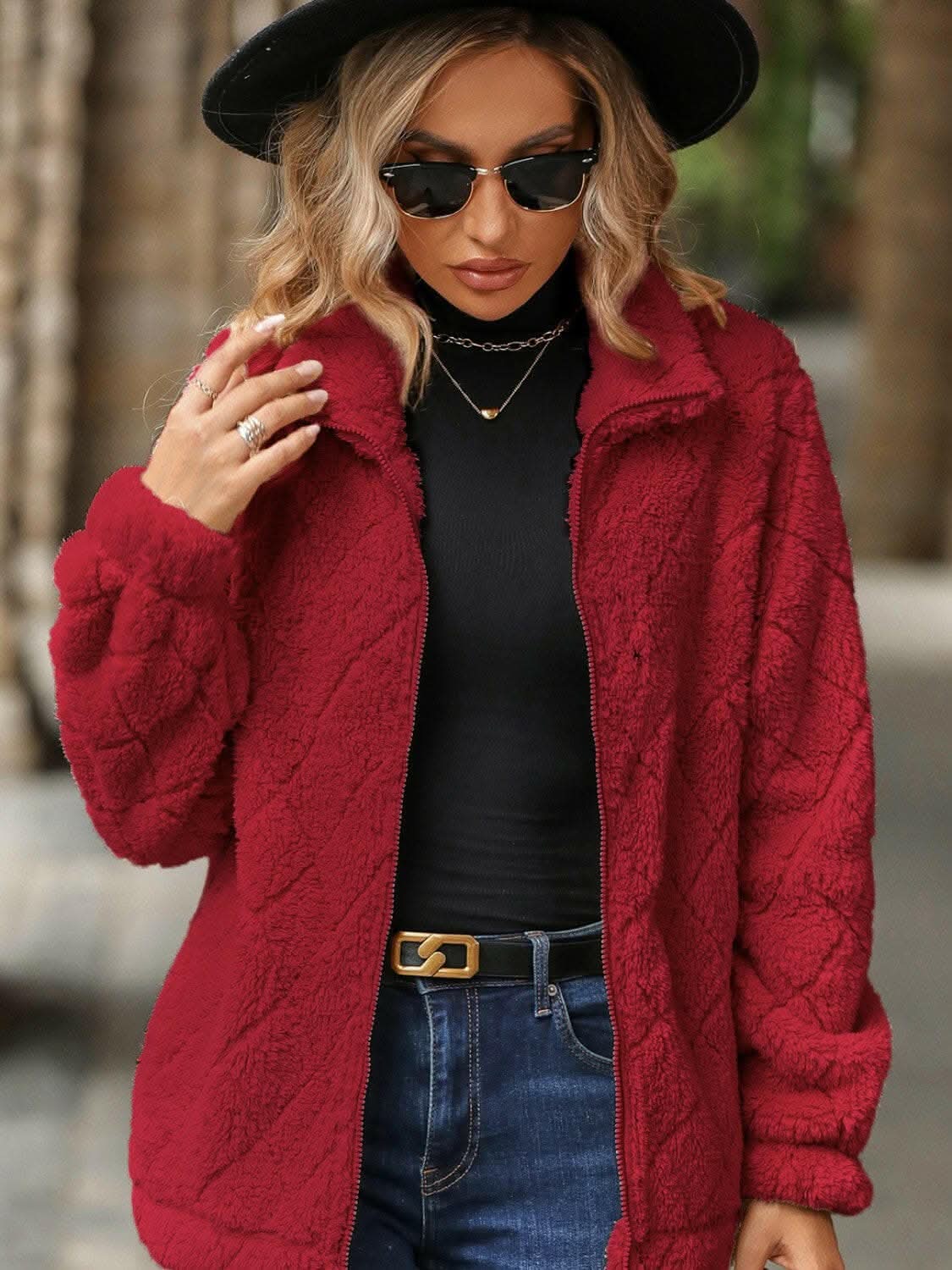 Fuzzy zip-up jacket with pockets - Love Salve